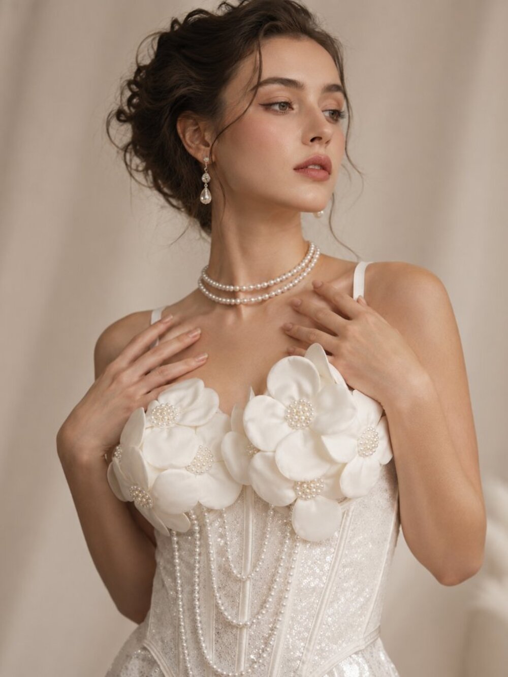 Ivory Pearl Blossom Corset – 3D Floral Sequin Bustier